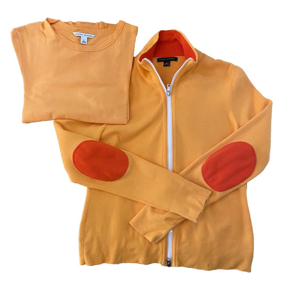 Banana Republic sweater set. Orange with elbow patches. Zip front .Size L